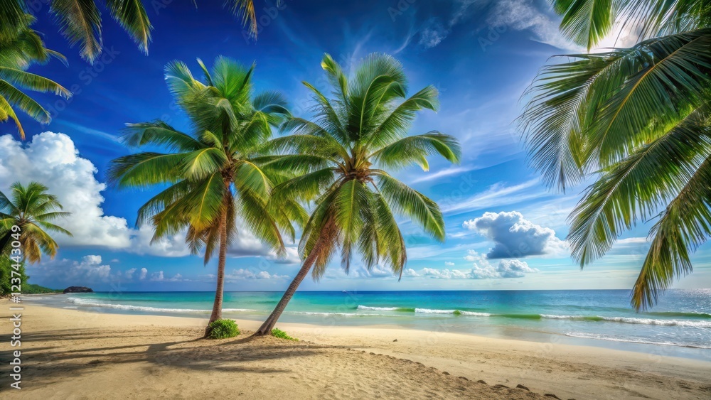 Obraz premium Sandy beach with palm trees under a clear blue sky on a sunny day in an ocean bay, tropical island