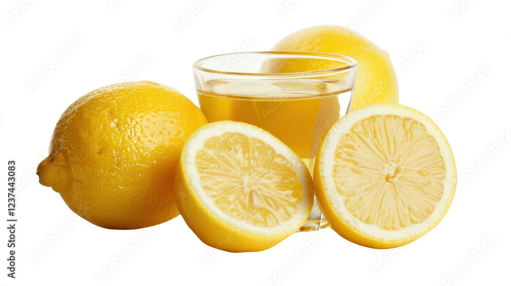 Freshly squeezed lemon juice with whole and cut lemons on transparent background Freshly squeezed lemon juice with whole and cut lemons on transparent background
