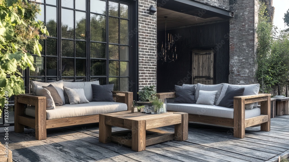 Rustic Wooden Outdoor Sofa Set on Deck with Brick Wall Background Rustic Wooden Outdoor Sofa Set on Deck with Brick Wall Background