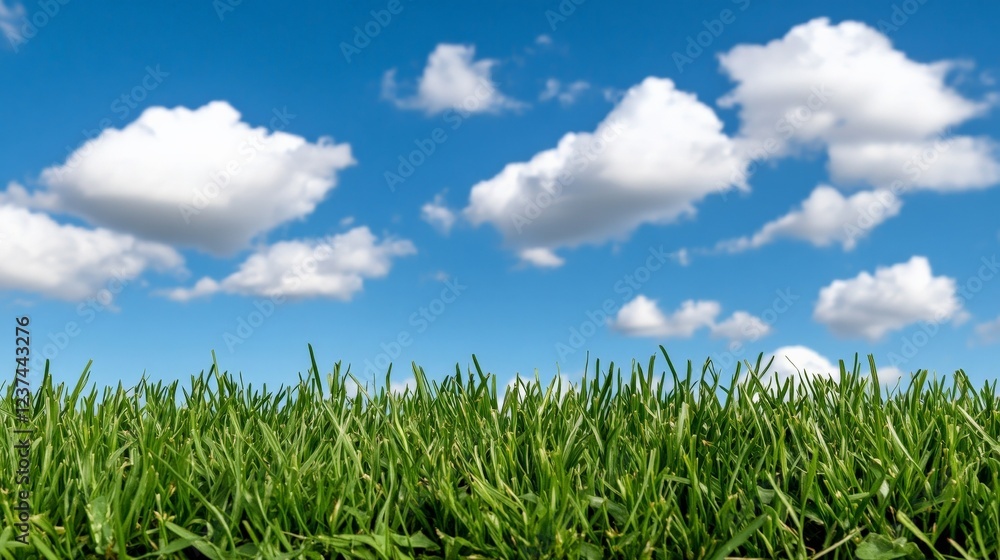 Sky-High Serenity: A vibrant expanse of emerald green grass stretches towards a brilliant azure sky dotted with fluffy, billowy clouds, evoking feelings of peace and freedom. Sky-High Serenity: A vibrant expanse of emerald green grass stretches towards a brilliant azure sky dotted with fluffy, billowy clouds, evoking feelings of peace and freedom.