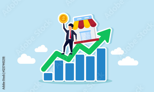 Businessman stands on a chart lifting a dollar coin while leaning on a store, illustration of report analysis of marketplace business performance