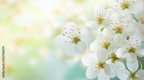 Blossoming of cherry flowers in spring time with green leaves, macro