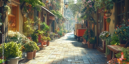 picturesque city street where potted plants add charm to the urban setting, with deliveries taking place, highlighting the connection between nature and urban living