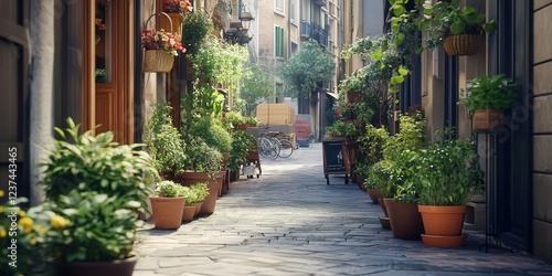 picturesque city street where potted plants add charm to the urban setting, with deliveries taking place, highlighting the connection between nature and urban living