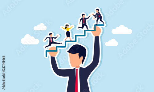 A giant businessman lifts a step line with entrepreneurs racing to the top, illustration of a major investor influencing business movements