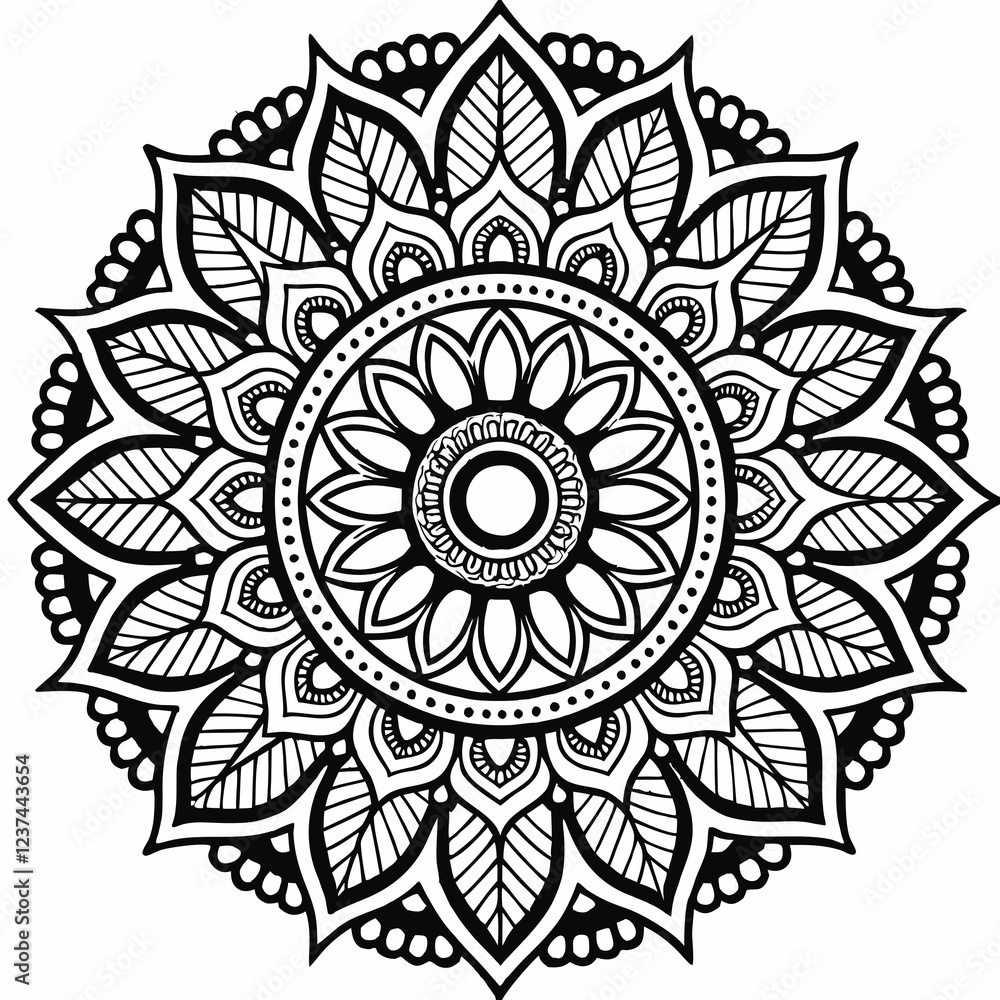 Intricate Black and White Mandala Design with Floral and Leaf Motifs, Detailed Geometric Mandala Art with Symmetrical Petals and Organic Patterns, Beautiful Mandala Artwork Intricate Black and White Mandala Design with Floral and Leaf Motifs, Detailed Geometric Mandala Art with Symmetrical Petals and Organic Patterns, Beautiful Mandala Artwork