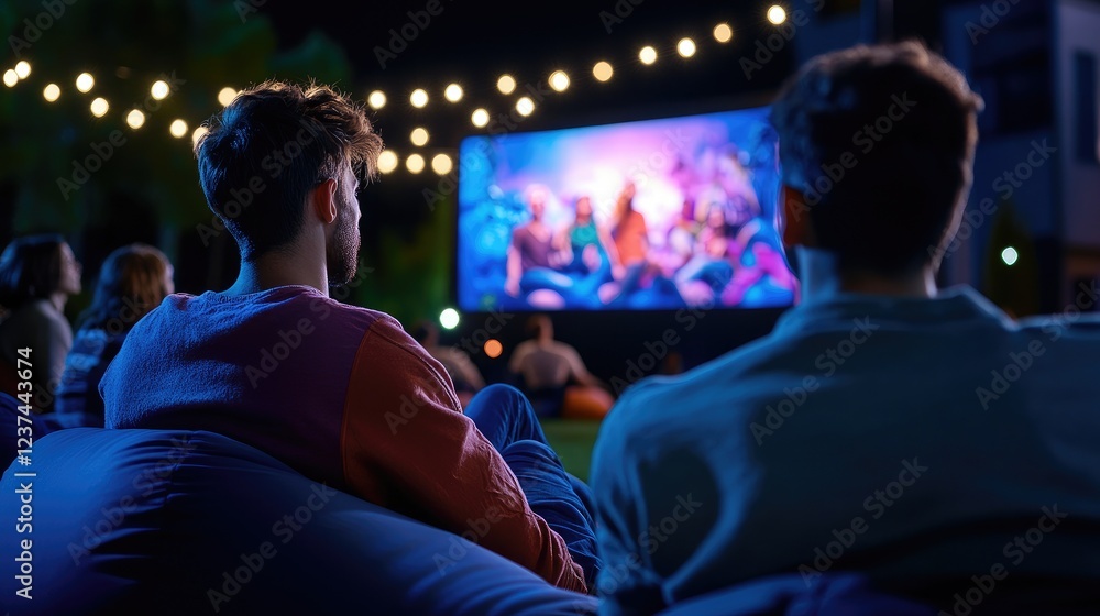 Naklejka premium Outdoor Movie Night: Friends Enjoying a Film Under the Stars