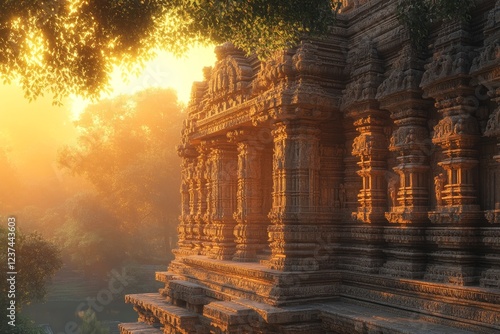 Sunrise at ancient temple, India.  Peaceful morning scene, travel photography