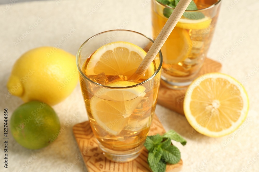 Fototapeta premium Refreshing iced tea with drinking straw, mint, lemon and lime on light textured table, closeup