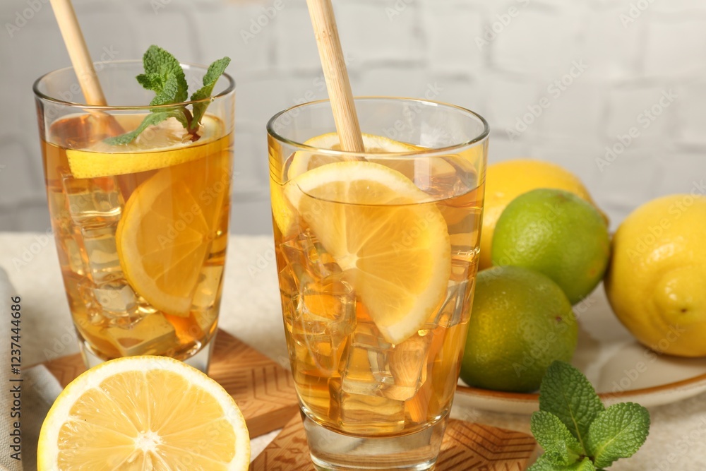 Fototapeta premium Refreshing iced tea with drinking straws, mint, lemon and lime on light table against grey background, closeup