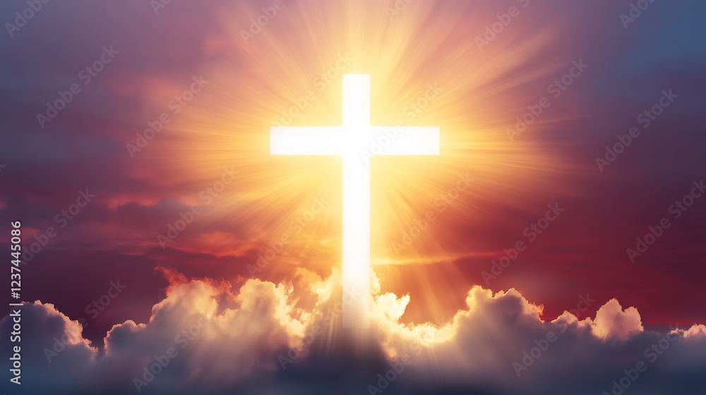 Bright cross shining over clouds in dramatic sky Bright cross shining over clouds in dramatic sky