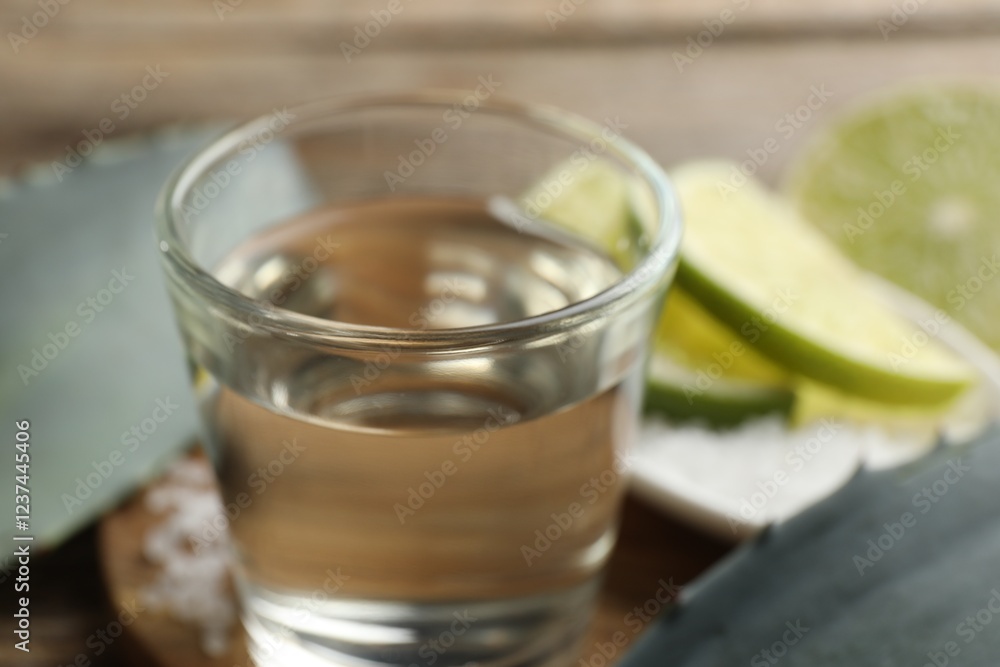 Tequila shot with lime slices and agave leaves on table, closeup Tequila shot with lime slices and agave leaves on table, closeup