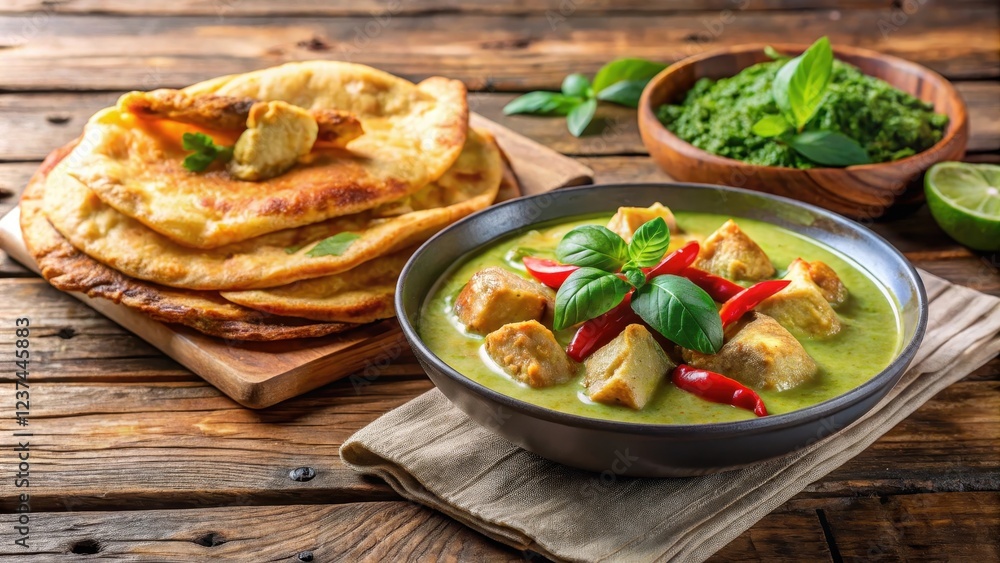 crispy roti served with green curry with chicken on wooden table, food, roti, curry crispy roti served with green curry with chicken on wooden table, food, roti, curry