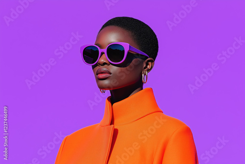 Stylish woman with purple sunglasses and orange coat on purple background