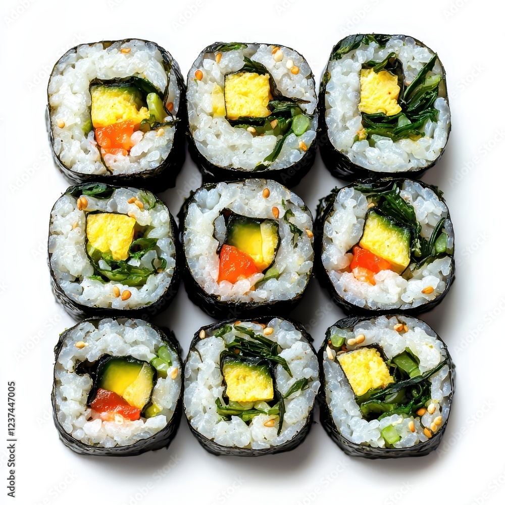 Fresh Gimbap Rolls with Colorful Ingredients on White Background Fresh Gimbap Rolls with Colorful Ingredients on White Background