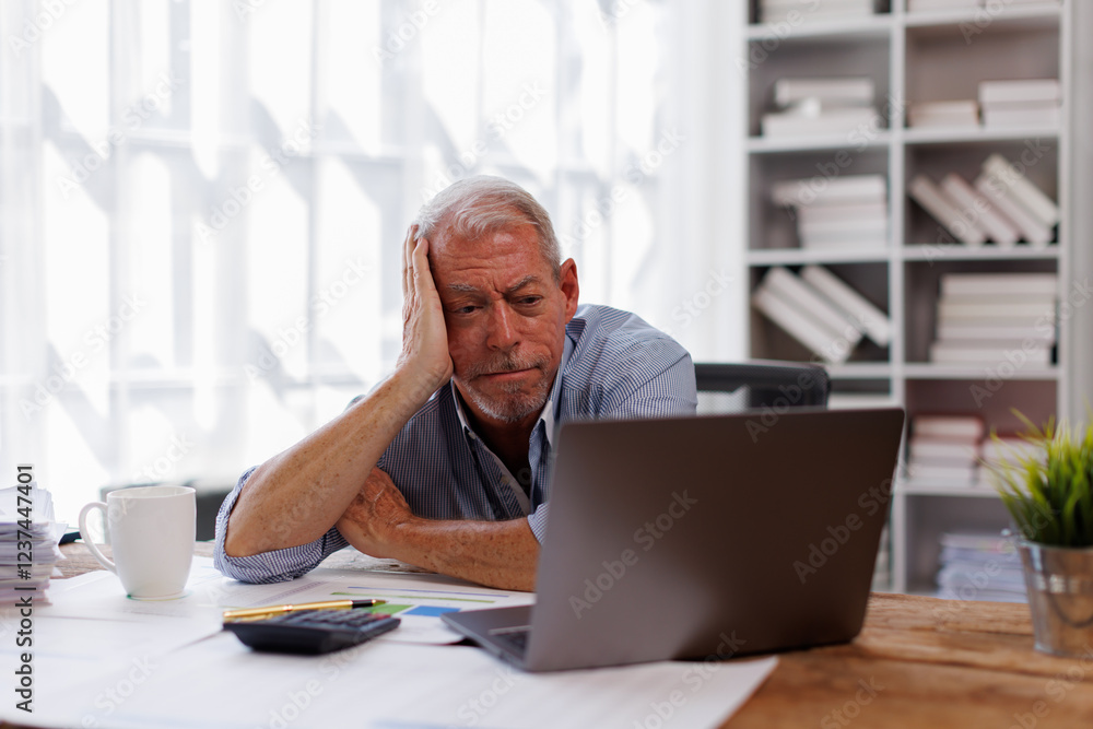 Sad gray-haired architect Senior man working in modern office at computer, businessman thinking about failures,Sad, unhappy, Worried, Depression, or employee life stress concept Sad gray-haired architect Senior man working in modern office at computer, businessman thinking about failures,Sad, unhappy, Worried, Depression, or employee life stress concept