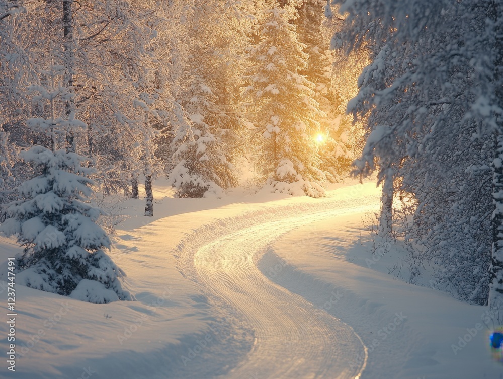 Obraz premium Sunlit winter wonderland: snow-covered forest path at sunrise