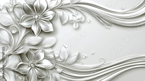 Elegant silver floral wall decor, waves background, interior design