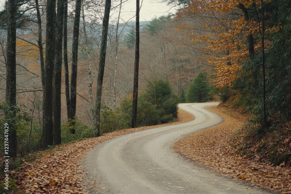 Fototapeta premium Winding forest road in autumn with fallen leaves and bare trees