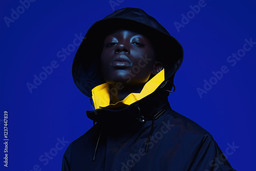 Fashion portrait of a person wearing a hooded jacket with a yellow lining against a blue background