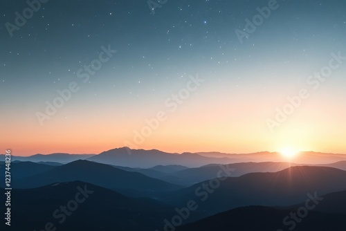 Breathtaking mountain sunrise with starry sky over rolling hills