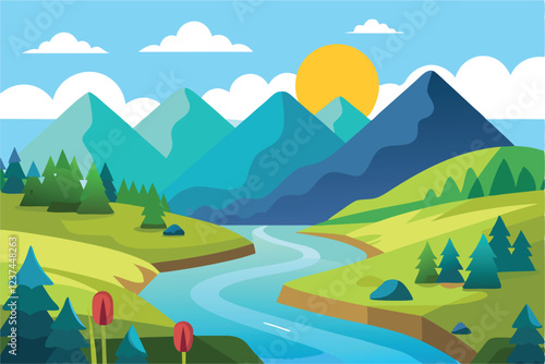 spring natural landscape with river and mountains vector illustration