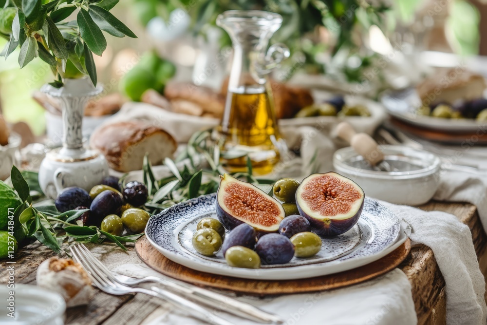 Rustic summer brunch with fresh figs and olives in garden setting