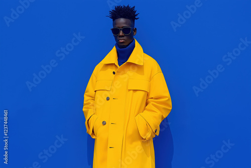 Stylish man in yellow coat against a blue background