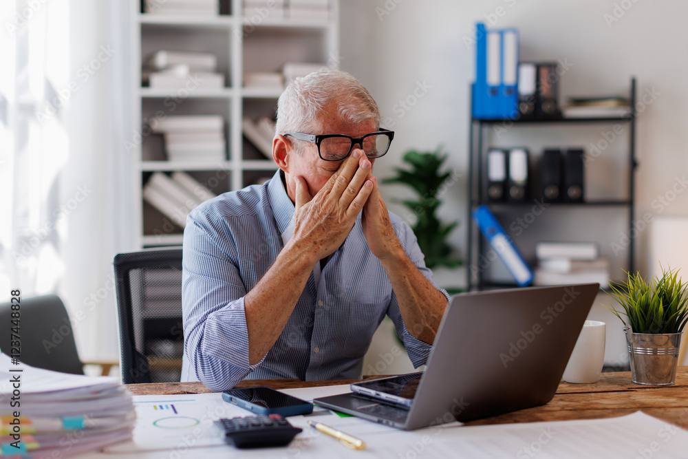 Sad gray-haired architect Senior man working in modern office at computer, businessman thinking about failures,Sad, unhappy, Worried, Depression, or employee life stress concept Sad gray-haired architect Senior man working in modern office at computer, businessman thinking about failures,Sad, unhappy, Worried, Depression, or employee life stress concept