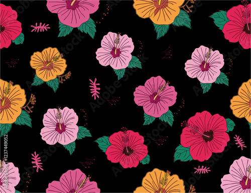 Seamless hibiscus floral pattern. Colorful hibiscus flower with leaf seamless pattern for summer holidays background. Flower vector. Hand-drawn hibiscus flower pattern.