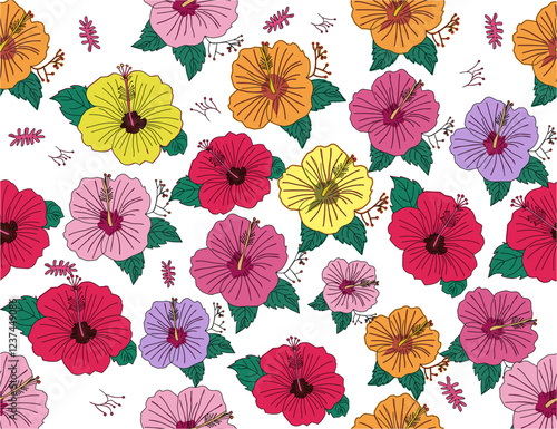 Seamless hibiscus floral pattern. Colorful hibiscus flower with leaf seamless pattern for summer holidays background. Flower vector. Hand-drawn hibiscus flower pattern.  