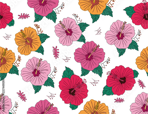 Seamless hibiscus floral pattern. Colorful hibiscus flower with leaf seamless pattern for summer holidays background. Flower vector. Hand-drawn hibiscus flower pattern.  