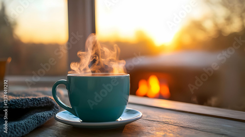 Steaming cup of coffee by the window at sunrise cozy morning concept with warm light and fireplace g