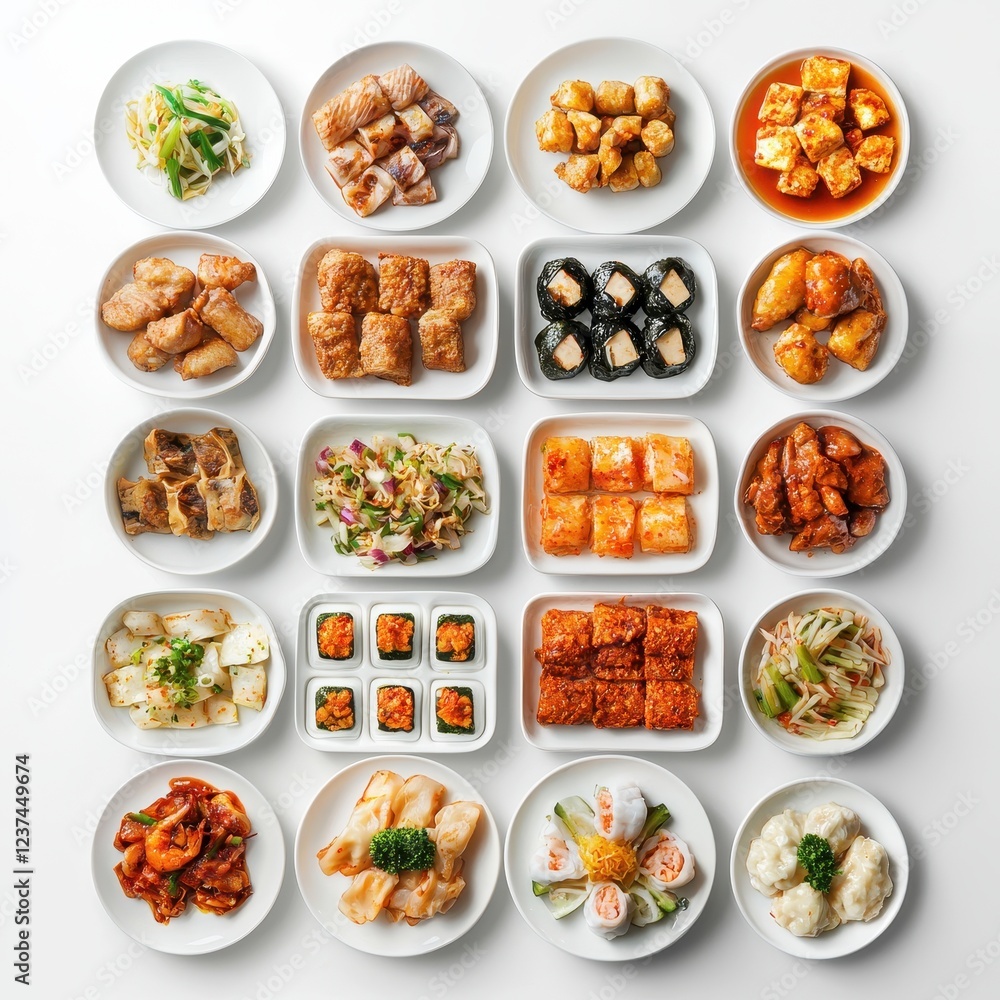 Traditional Korean Banchan Side Dishes Arranged Neatly on Plates Traditional Korean Banchan Side Dishes Arranged Neatly on Plates