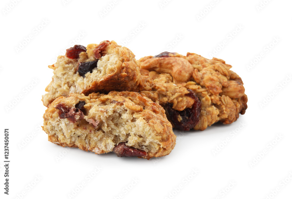 Delicious oatmeal cookies with dried cranberries and nuts isolated on white Delicious oatmeal cookies with dried cranberries and nuts isolated on white