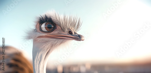 Closeup of a stylized ostrich head, featuring long lashes and a soft, dreamy background. Perfect for fashion, beauty, or whimsical animalthemed projects. photo