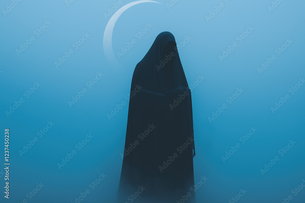 Dark hooded figure under a crescent moon in blue mist Dark hooded figure under a crescent moon in blue mist