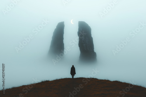 Person Standing Before Foggy Rock Formation with Crescent Moon photo