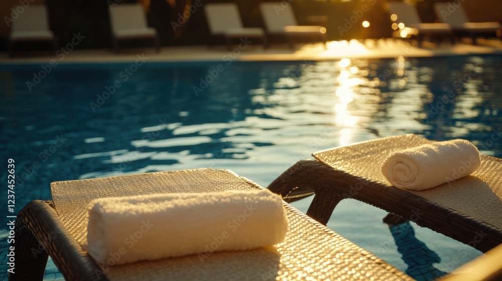 Obraz premium poolside relaxation luxury towels on wicker loungers at sunset