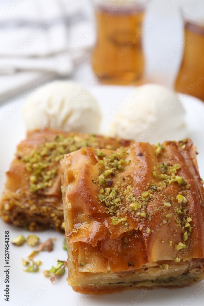 Delicious baklava with crushed nuts and ice cream on table, closeup Delicious baklava with crushed nuts and ice cream on table, closeup