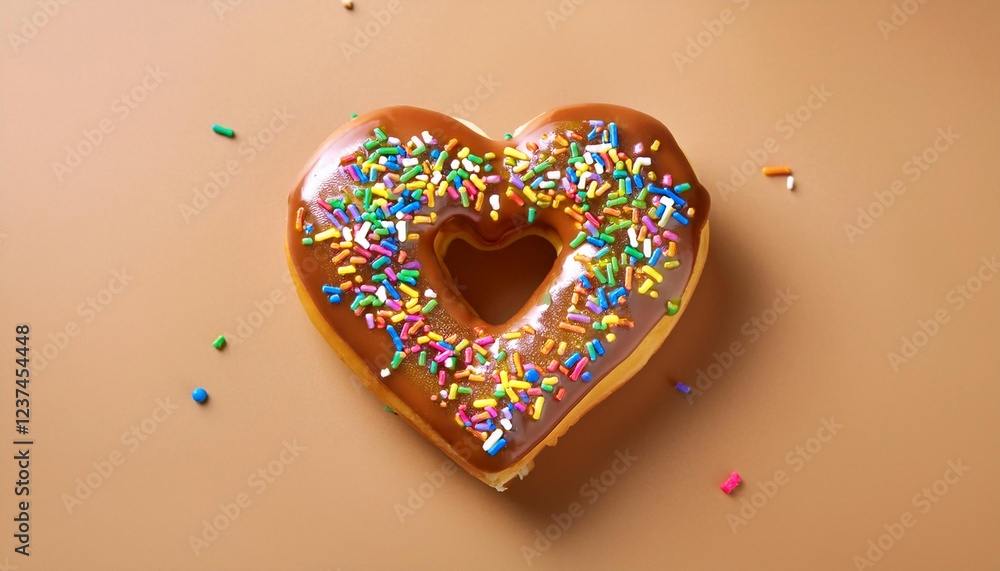 Heart Shaped Peanut Butter Donut with Rainbow Sprinkles on Light Brown Background Isolated Heart Shaped Peanut Butter Donut with Rainbow Sprinkles on Light Brown Background Isolated