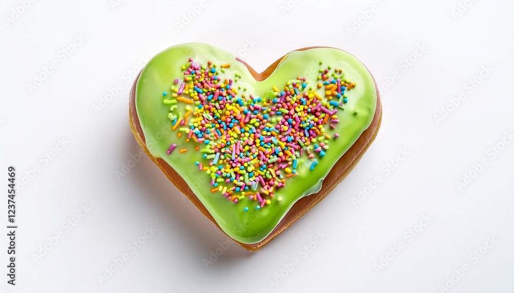 Heart Shaped Pistachio Donut with Rainbow Sprinkles on White Background Isolated Heart Shaped Pistachio Donut with Rainbow Sprinkles on White Background Isolated