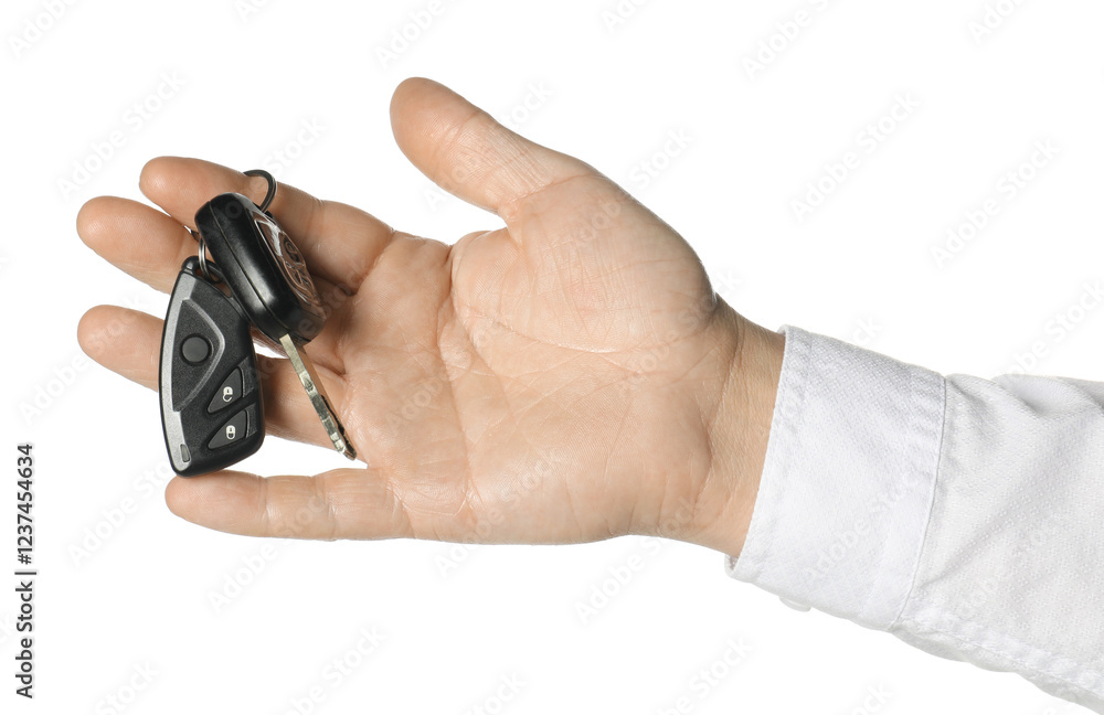 Man with car keys on white background, closeup Man with car keys on white background, closeup