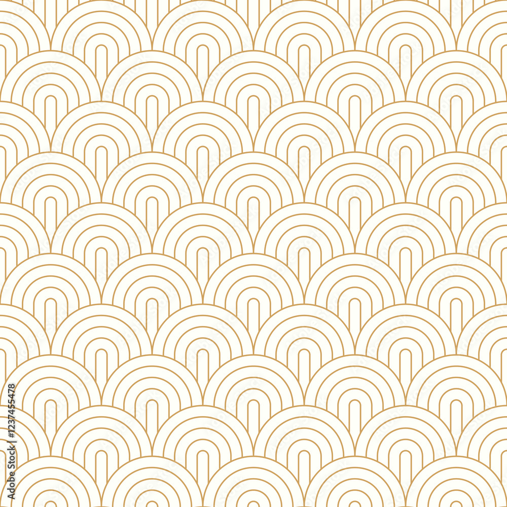 Art deco seamless wave pattern with gold circle stripe line, arch shape, fish scale repeat background, vector illustration. Art deco seamless wave pattern with gold circle stripe line, arch shape, fish scale repeat background, vector illustration.