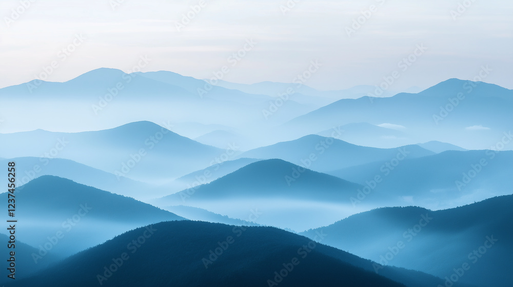 Fototapeta premium Landscape with abstract gradient of mountain peaks in blue colors, natural travel outdoor background