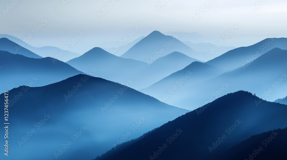 Fototapeta premium Landscape with abstract gradient of mountain peaks in blue colors, natural travel outdoor background