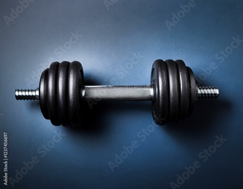 Chrome and black dumbbell with multiple weight plates displayed against a darker background. fitness, bodybuilding, weight training and workout-related concepts photo