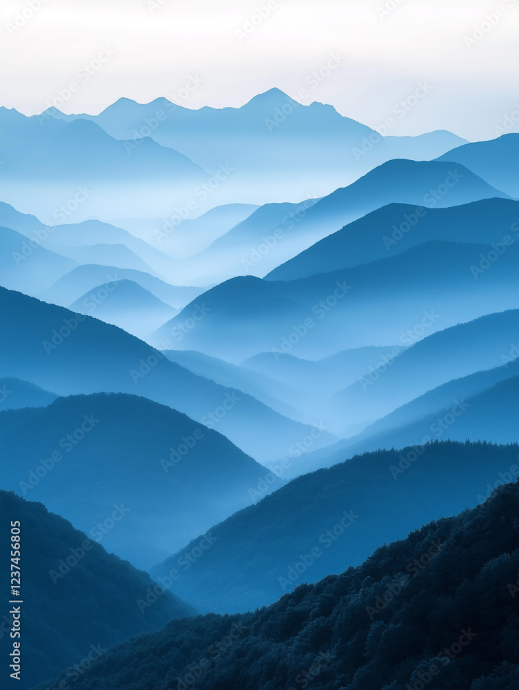 Fototapeta premium Landscape with abstract gradient of mountain peaks in blue colors, natural travel outdoor background