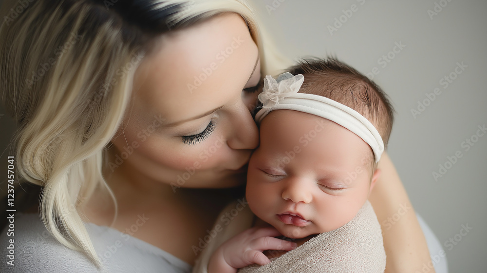 Mother kissing her newborn baby girl wrapped in blanket Mother kissing her newborn baby girl wrapped in blanket