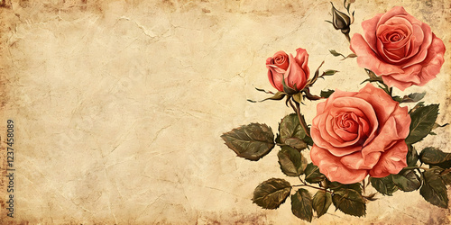 Pink Roses on Vintage Paper Background